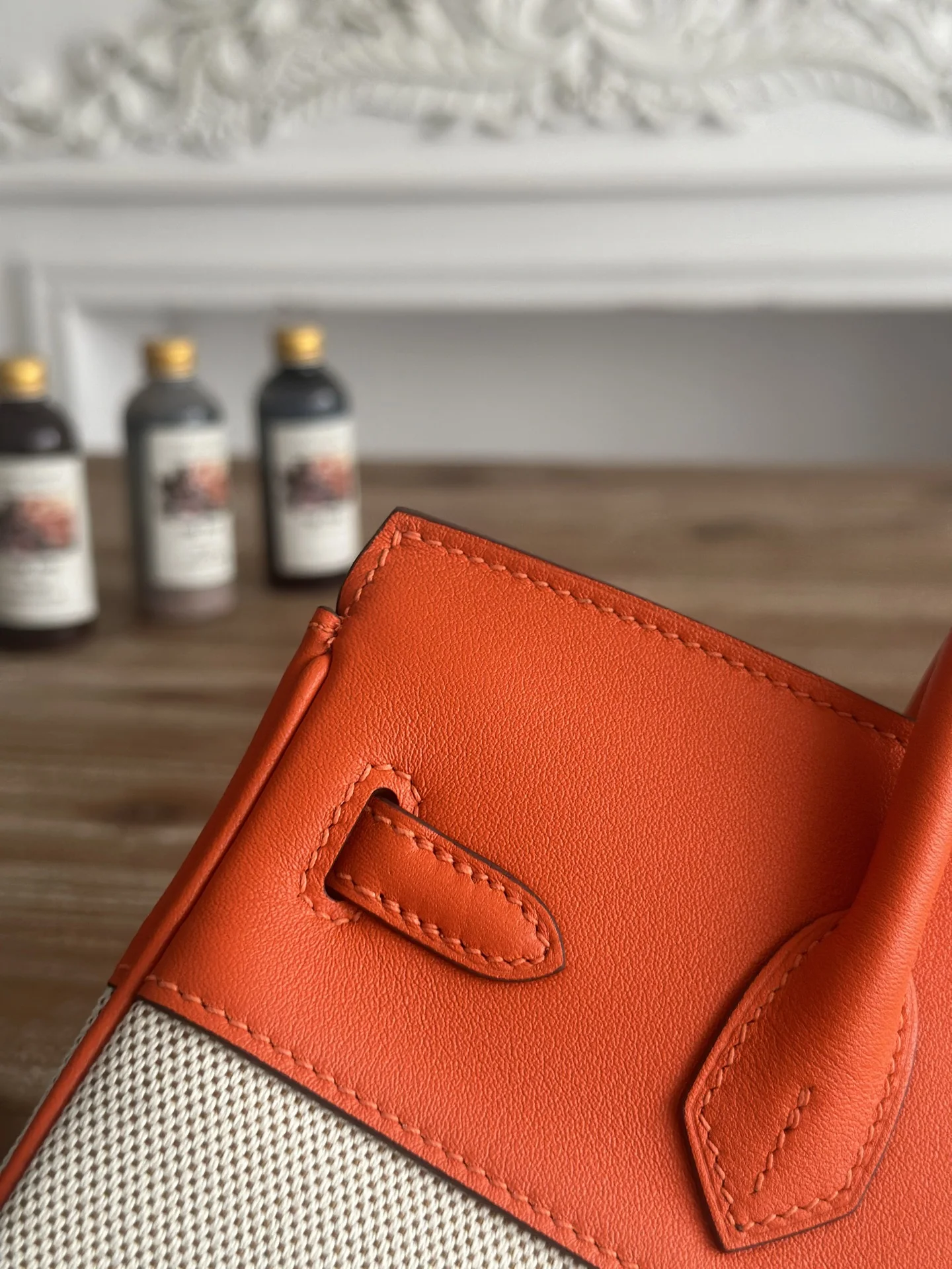 HERMES Top Handle Bags Canvas Swift Leather (Orange-White) 30CM A100202608090610 - Image 4