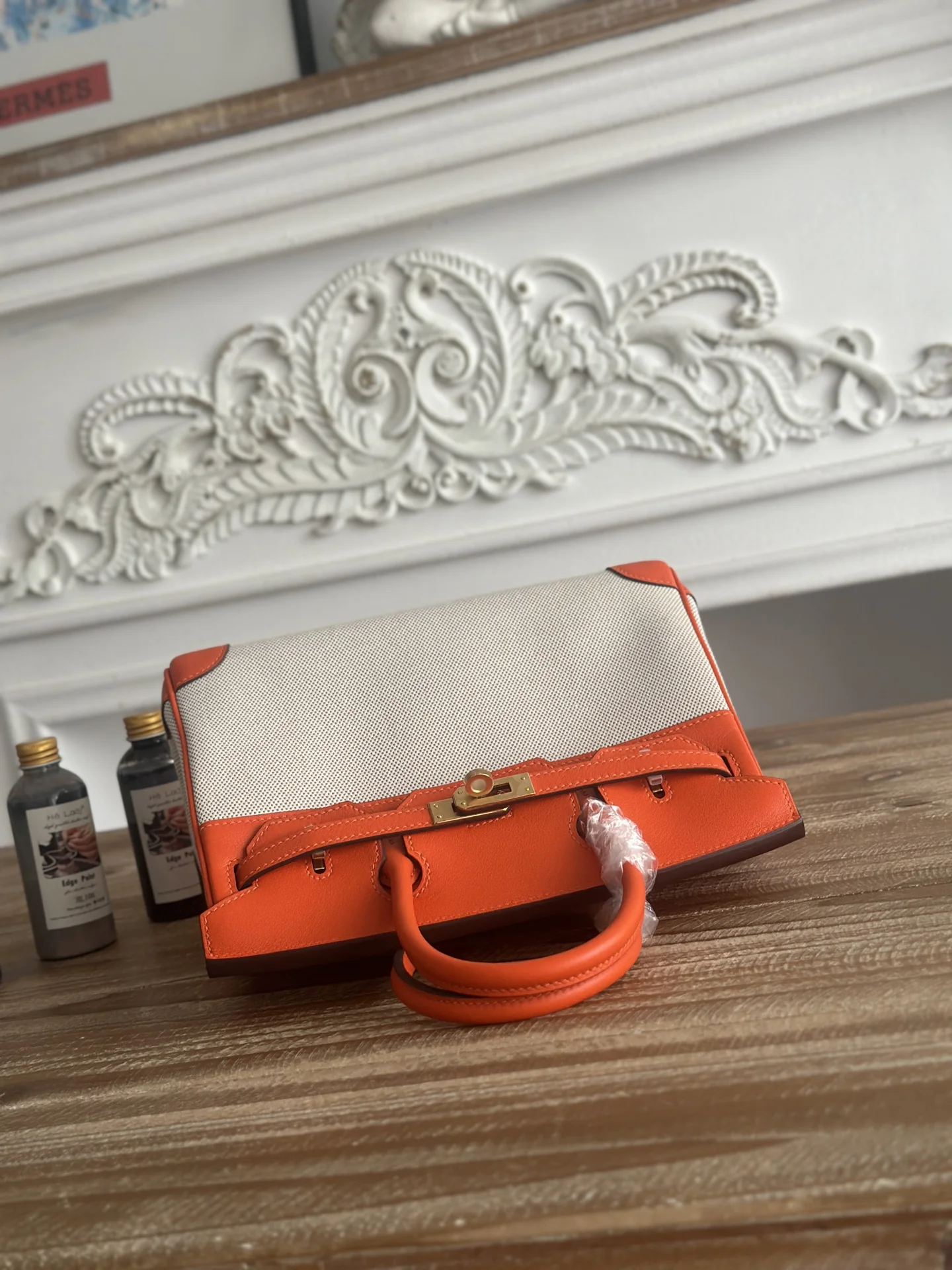 HERMES Top Handle Bags Canvas Swift Leather (Orange-White) 30CM A100202608090610 - Image 6