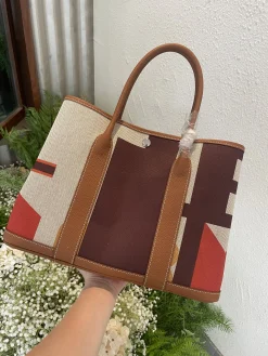 HERMES Top Handle Bags Canvas Togo Leather (Brown-Beige) 36CM A000202608090059