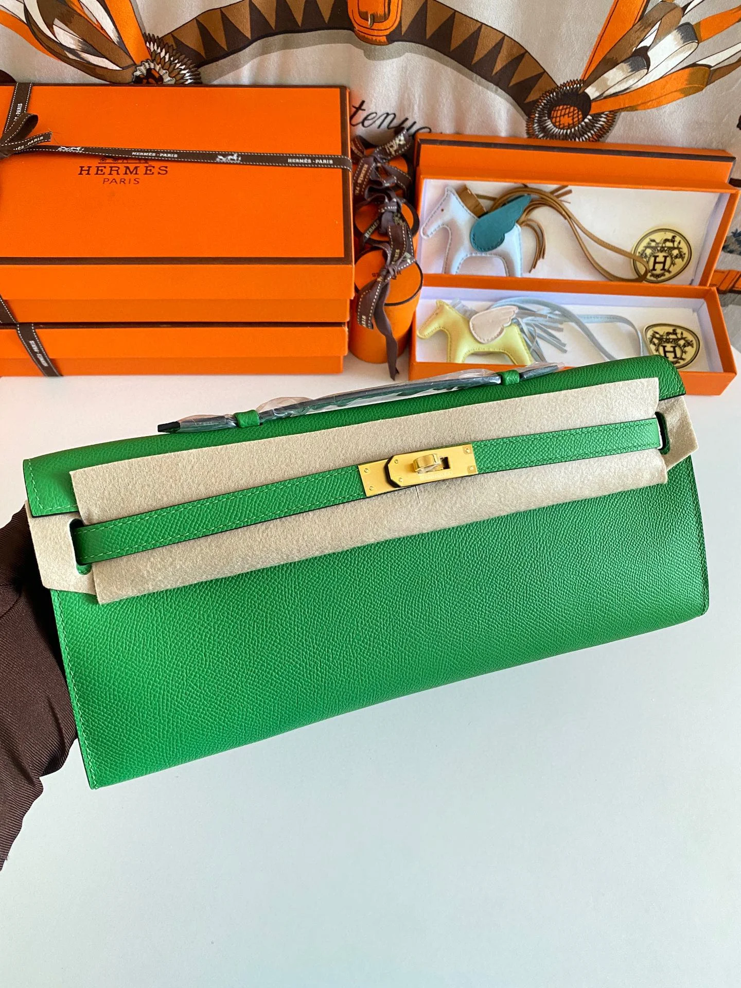 HERMES Top Handle Bags Epsom Leather (Green-Beige) 31CM H00202608091084