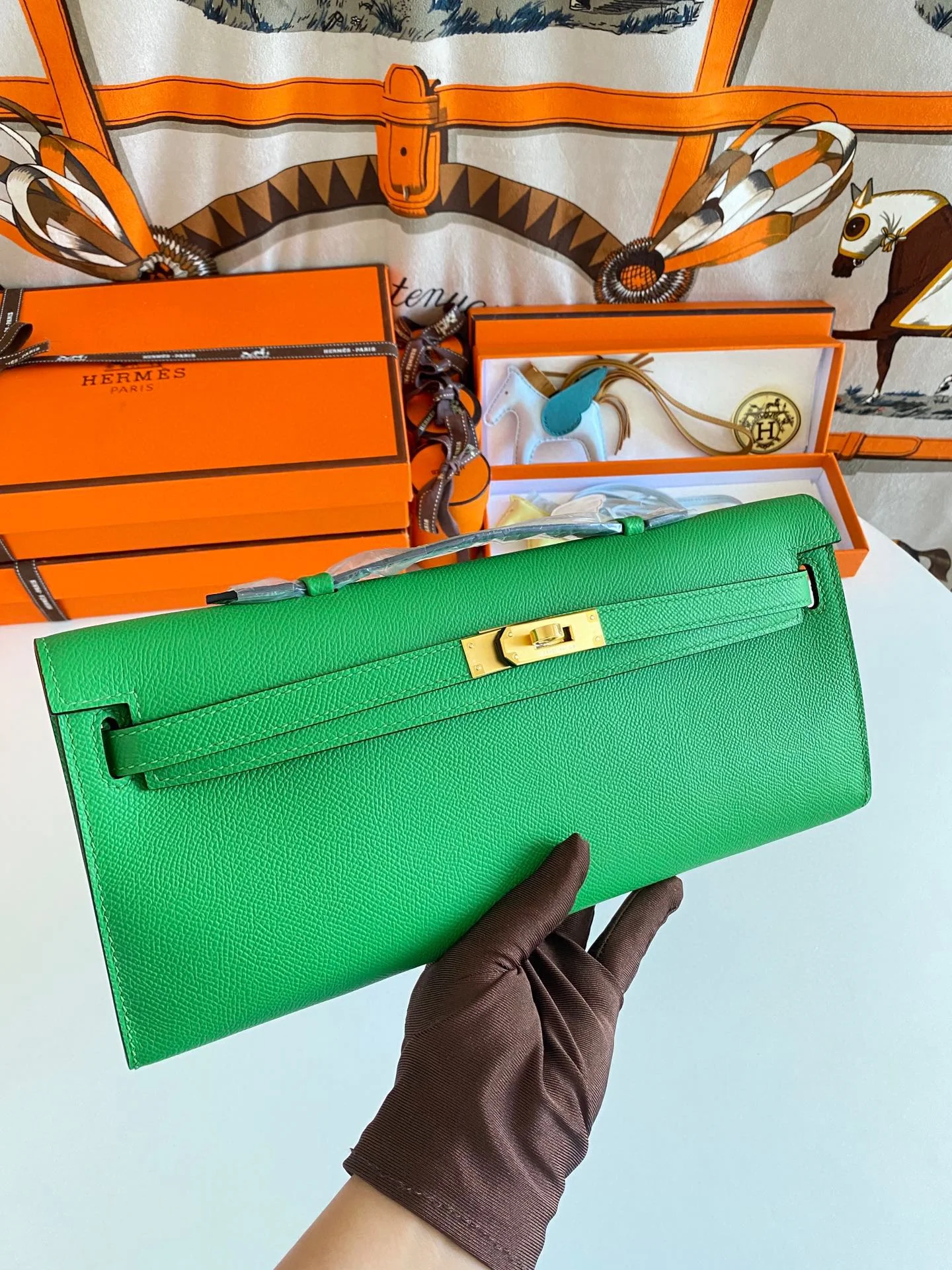 HERMES Top Handle Bags Epsom Leather (Green-Beige) 31CM H00202608091084 - Image 8