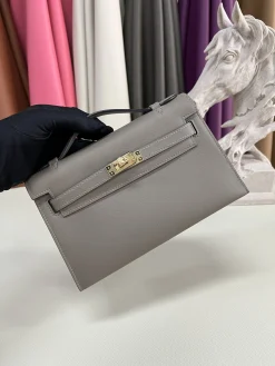 HERMES Top Handle Bags Swift Leather (Gray-Gold) 22CM G50202608090128