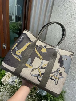HERMES Totes Bags Canvas Leather (Gray-Yellow) 36CM A000202608090065