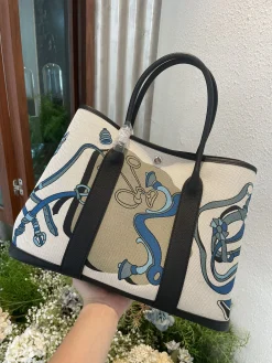 HERMES Totes Bags Canvas Togo Leather (White-Black-Blue-Tan) 36CM A000202608090054
