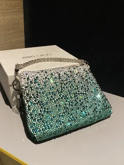 JIMMY CHOO Clutches Bags Satin Crystal (Green-Silver) 26X20X3CM H50202608100211