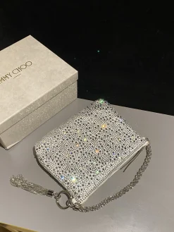 JIMMY CHOO Clutches Bags Satin Crystal (Silver-White) 26X20X3CM H50202608100210