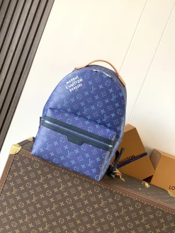 LV Backpacks Bags Monogram Canvas (Blue-Tan) 29X38X20CM F50202608072360
