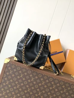 LV Bucket Bags Calfskin Leather (Black-Gold) 23X27X8CM F30202608070100