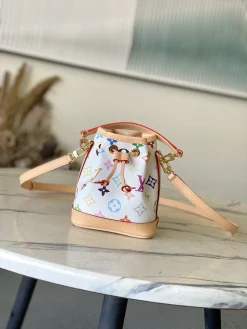 LV Bucket Bags Canvas Leather (White-Tan) 13X16X10CM E20202608072473