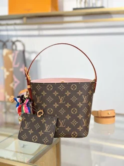 LV Bucket Bags Leather (Brown-Pink) 18X16X12CM F80202608072692