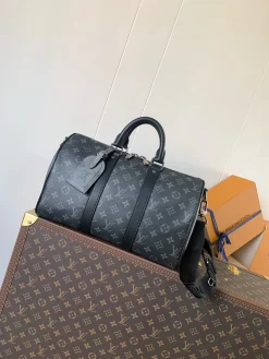 LV Duffles Bags Coated Canvas (Black-Grey) 34X21X16CM E40202608072115
