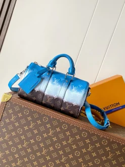 LV Duffles Bags Coated Canvas (Blue-White-Brown) 25X15X11CM E30202608071429