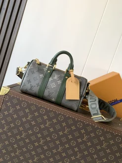 LV Duffles Bags Coated Canvas (Grey-Green-Gold) 15X11X25CM E30202608072212