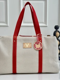 LV Duffles Bags Cotton (Cream-Red) 45X36X13CM E80202608070460