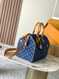 Alternative view of LV Top Handle Bags Canvas Leather (Blue-Tan) 34X22X19CM H60202608070124