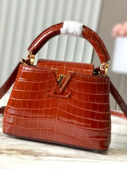LV Top Handle Bags Crocodile Embossed Leather (Cognac-Gold) 21X14X8CM I00202608072300