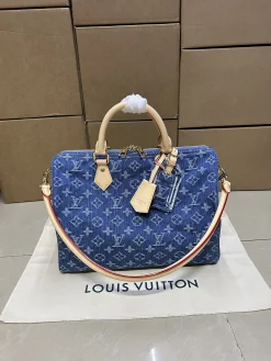 LV Top Handle Bags Denim Leather (Blue-Beige) One Size E50202608070279