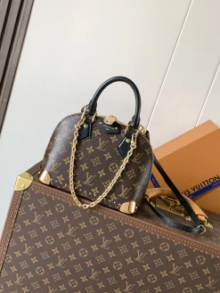 LV Top Handle Bags Monogram Canvas (Brown-Black-Gold) 19X11X22CM F00202608071375