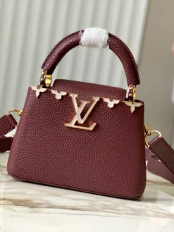 LV Top Handle Bags Taurillon Leather (Burgundy-Gold) 21X14X8CM A000202608072304