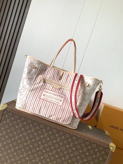 LV Totes Bags Coated Canvas (White-Red) 32X19X39CM E50202608071658