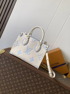 LV Totes Bags Grained Calfskin (White-Blue) 25X11X19CM E60202608071031