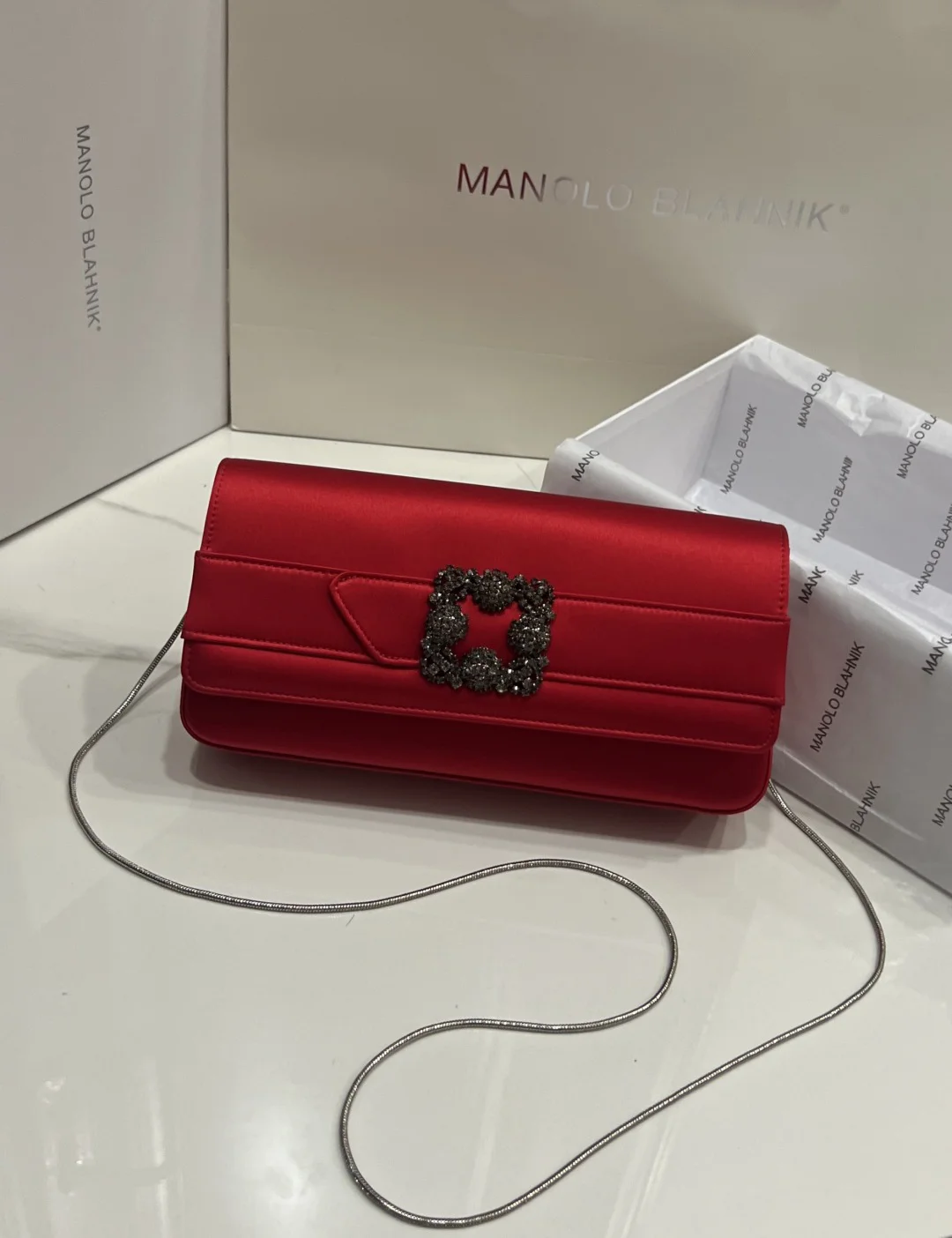 MANOLO BLAHNIK Clutches Bags Satin Crystal (Red-Silver) 12X24X3CM H30202608100314