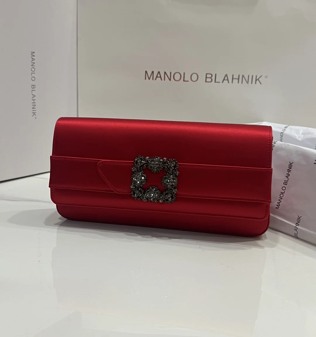 MANOLO BLAHNIK Clutches Bags Satin Crystal (Red-Silver) 12X24X3CM H30202608100314 - Image 2