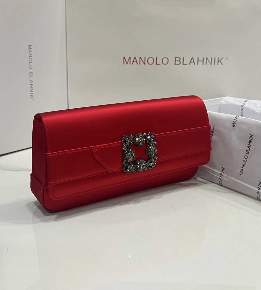 MANOLO BLAHNIK Clutches Bags Satin Crystal (Red-Silver) 12X24X3CM H30202608100314 - Image 3