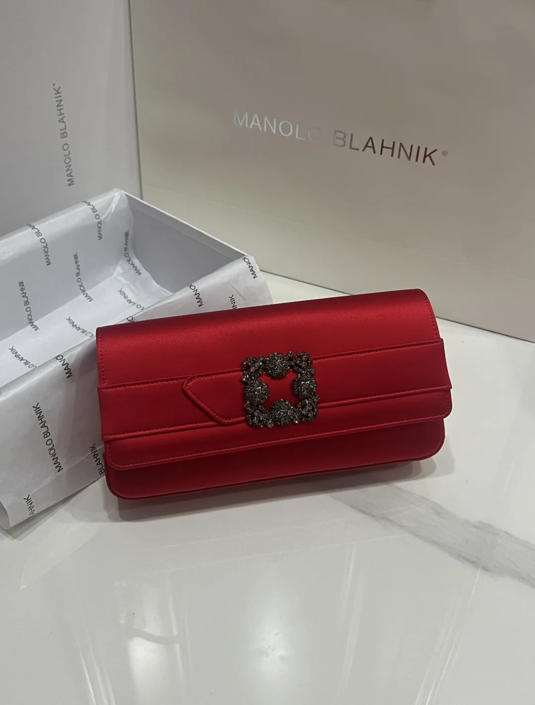 MANOLO BLAHNIK Clutches Bags Satin Crystal (Red-Silver) 12X24X3CM H30202608100314 - Image 4