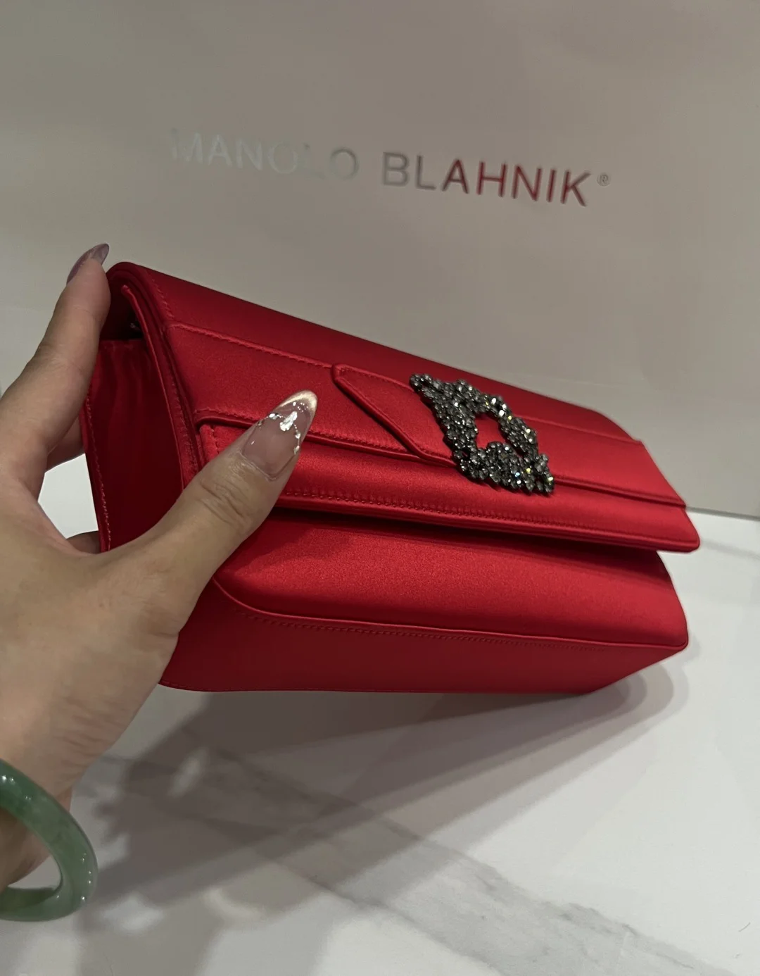 MANOLO BLAHNIK Clutches Bags Satin Crystal (Red-Silver) 12X24X3CM H30202608100314 - Image 7