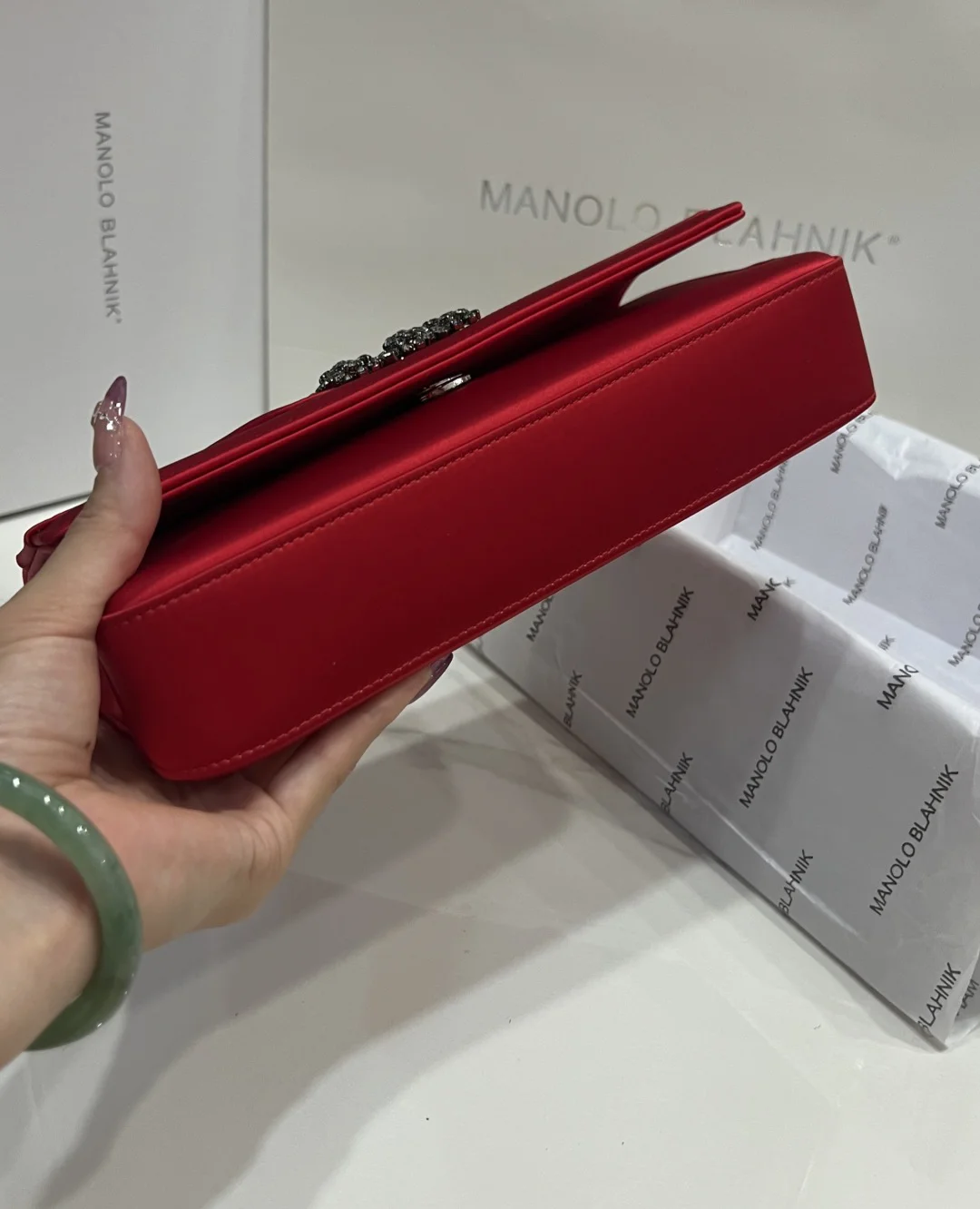 MANOLO BLAHNIK Clutches Bags Satin Crystal (Red-Silver) 12X24X3CM H30202608100314 - Image 9