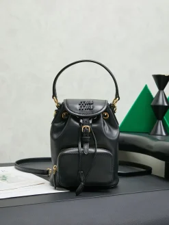 MIU MIU Backpacks Bags Calfskin Leather (Black-Gold) 14X17X8CM G30202608091181