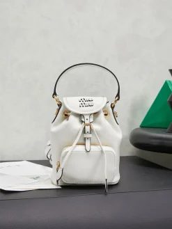 MIU MIU Backpacks Bags Calfskin Leather (White-Gold) 14X17X8CM G30202608091180