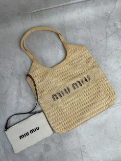 MIU MIU Beach Bags Linen Leather (Beige-Black) 34X40X60 CM E30202608090106