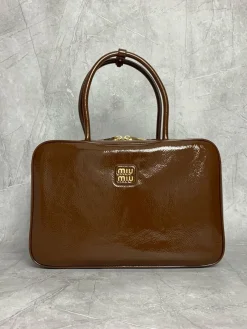MIU MIU Briefcases Bags Patent Leather (Brown-Gold) 34X23X12CM G80202608091372
