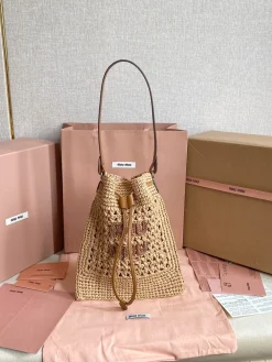 MIU MIU Bucket Bags Raffia Leather (Beige-Brown) 20X23CM D30202608091211