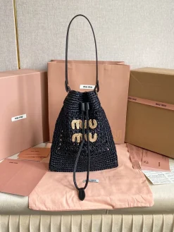 MIU MIU Bucket Bags Raffia Leather (Black-Gold) 20X23CM D30202608091210