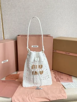 MIU MIU Bucket Bags Raffia Leather (White-Beige) 20X23CM D30202608091209