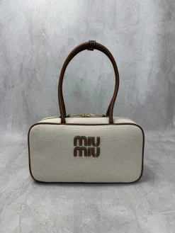 MIU MIU Casual Bags Canvas Leather (Cream-Brown) 29X17X9CM F50202608090031