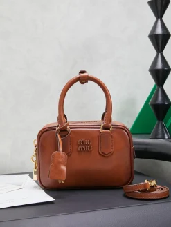 MIU MIU Top Handle Bags Calf Leather (Brown-Gold) 19X13X6CM F80202608090067