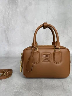 MIU MIU Top Handle Bags Calfskin Leather (Brown-Gold) 19X13X6 F80202608091460