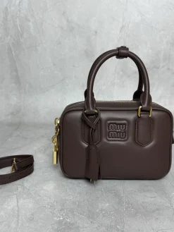 MIU MIU Top Handle Bags Calfskin Leather (Brown-Gold) 19X13X6CM F80202608091461