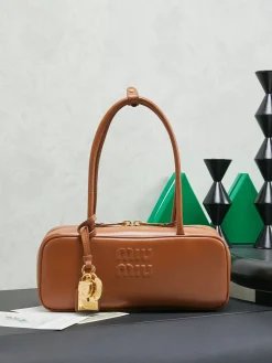 MIU MIU Top Handle Bags Calfskin Leather (Brown-Gold) 28X12X8CM G30202608090984
