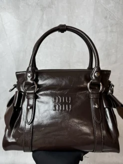 MIU MIU Top Handle Bags Calfskin Leather (Brown-Silver) 28X15X22CM H30202608091343