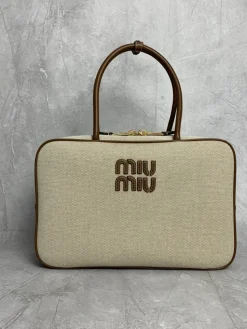 MIU MIU Top Handle Bags Canvas Calfskin (Beige-Brown) 34X23X12CM F80202608091357