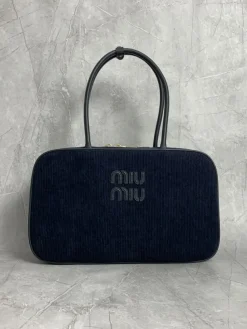 MIU MIU Top Handle Bags Corduroy Leather (Navy-Gold) 34X23X12CM G00202608091347
