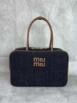 MIU MIU Top Handle Bags Denim Leather (Black-Brown) 34X20X10CM F80202608091358