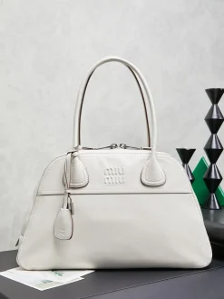 MIU MIU Top Handle Bags Lambskin Leather (White-Brown) 40X24X13CM I00202608090601