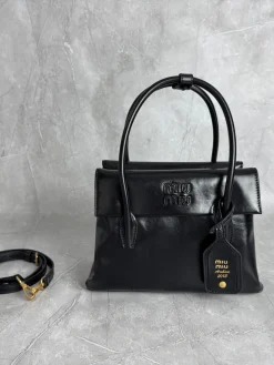 MIU MIU Top Handle Bags Leather (Black-Gold) 23CM G10202608091067
