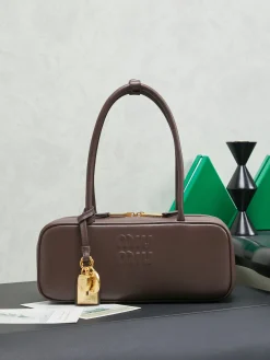 MIU MIU Top Handle Bags Soft Calfskin (Brown-Gold) 28X12X8CM G30202608090985